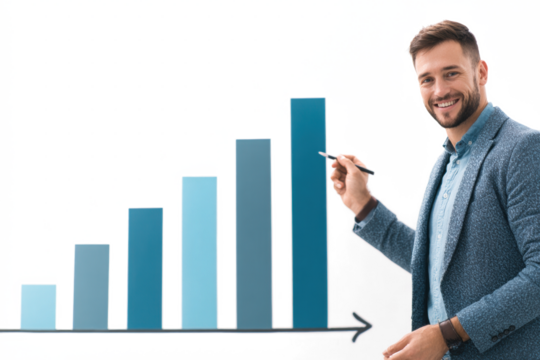Smiling man pointing at a bar graph showing growth and success.