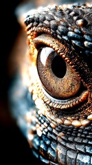 Close-up view of a lizard's eye showcasing intricate details and vibrant colors in natural light - High Contrast