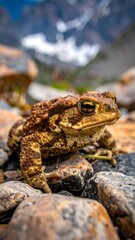 Close-up of a toad on rocks near mountains