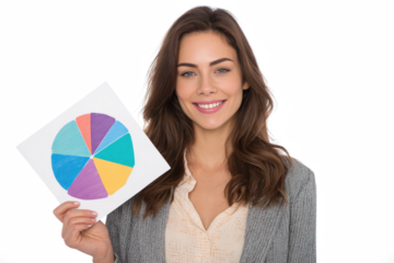 A smiling businesswoman holding a colorful pie chart, representing financial data or business analysis.
