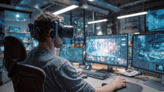 Tech professional using VR headset in modern control room with multiple monitors displaying data analytics and futuristic digital interfaces