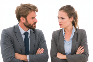 Two business professionals, a man and a woman, are in a tense disagreement, with crossed arms.