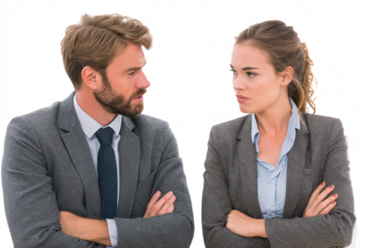 Two business professionals, a man and a woman, are in a tense disagreement, with crossed arms.