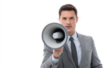 A businessman in a suit and tie holds a megaphone, looking directly at the camera with a serious expression.