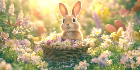 Cute bunny sitting in a basket surrounded by flowers during springtime in a garden