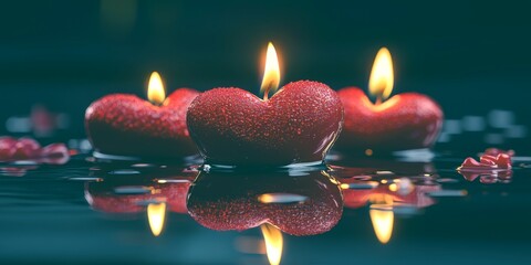 Romantic heart-shaped candles glow softly on a reflective surface, enhancing a serene atmosphere during a special evening
