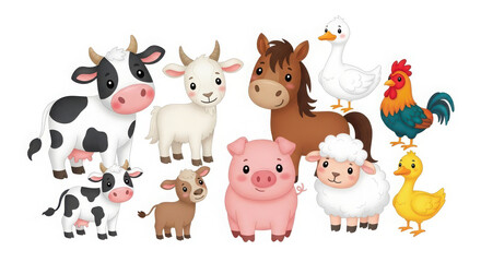 Fototapeta premium Adorable cartoon farm animals including cow pig sheep horse chicken duck goat in fun art style