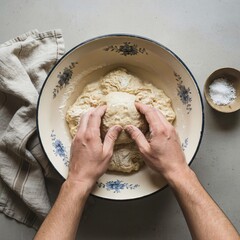 Hands kneading dough in a floral bowl, preparing bread.
