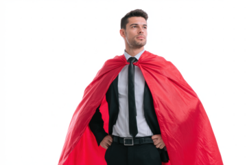 Confident businessman in a suit and tie wearing a red superhero cape, standing with hands on hips against a white background.