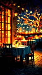 Outdoor dining experience at a cozy restaurant with soft lighting during a magical evening in a picturesque setting - High Contrast