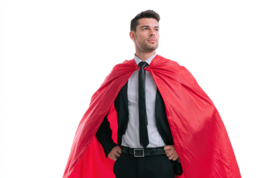 Confident businessman in a suit and tie wearing a red superhero cape, standing with hands on hips against a white background. - Powered by Adobe
