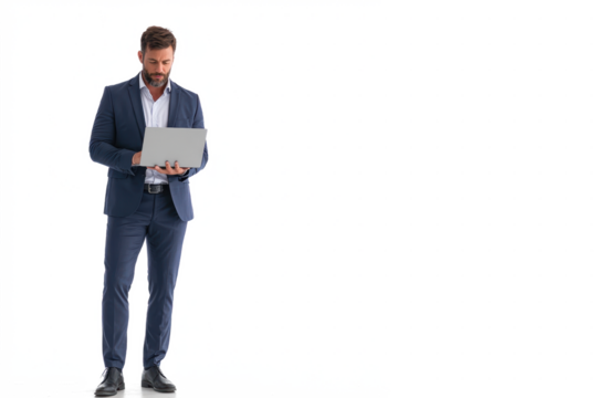 Man in suit using laptop on white background.
