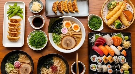 A vibrant and delicious spread of traditional Japanese cuisine featuring ramen, sushi, gyoza, and tempura viewed from above