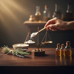A hand carefully balances ingredients on a scale, with essential oils and herbs nearby.