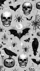 Halloween themed pattern featuring skulls, bats, spiders, and pumpkins on a background for festive decor