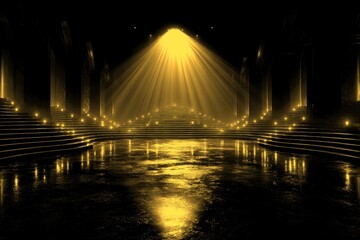 Mysterious venue with lighting and reflective surfaces creates a dramatic atmosphere for performances or events