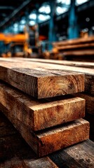 Stacked wooden planks in a workshop showcasing craftsmanship and raw materials during daytime