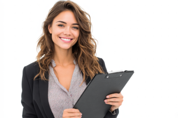 A smiling young woman in a black blazer and grey shirt holds a clipboard, looking directly at the camera.