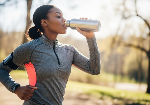 African American woman in sportswear drinking water outdoors