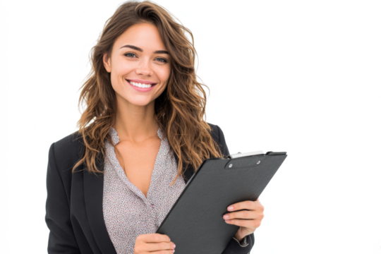 A smiling young woman in a black blazer and grey shirt holds a clipboard, looking directly at the camera.