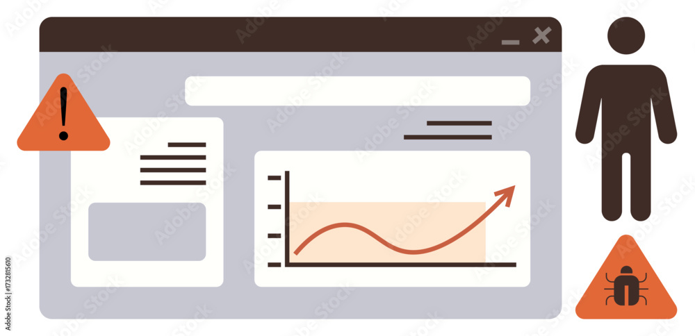 Wall mural browser window with alert icons, a human figure, and a chart showing growth. ideal for system securi