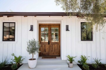 Beautiful modern home entrance with wooden double doors, green potted plants, and bright natural light in the background