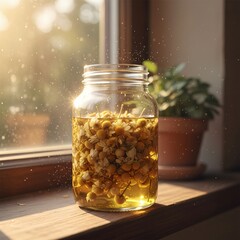 Glass jar of dried chamomile flowers steeping in liquid on a sunlit wooden windowsill with dust motes dancing in the light.