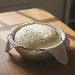 Close-up of a round loaf of dough rising in a proofing basket on a wooden table.