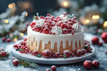 Cake with white frosting and red berries on top.