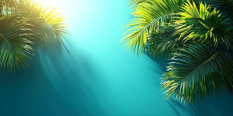 Lush tropical palm leaves against a backdrop in a sunny environment