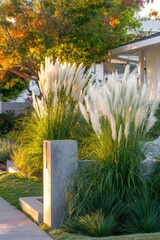 A stunning scene of pampas grass swaying in a contemporary garden, framed by vibrant autumn leaves under a brilliant evening sky