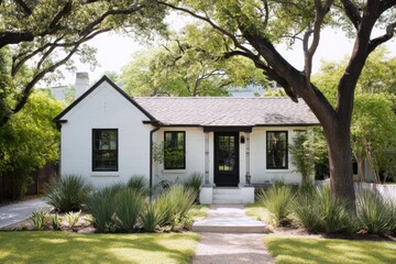 Nestled in a serene neighborhood, a delightful white house stands proudly amidst vibrant greenery and towering trees, basking in the warm sunshine of a beautiful day