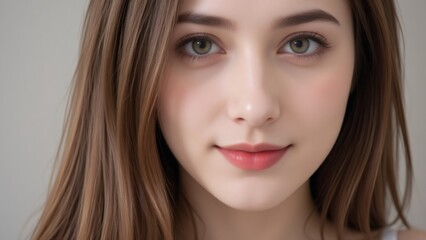 Attractive young woman with hazel eyes poses indoors for a portrait.