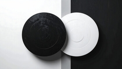 Black and white circular objects placed side by side against matching monochrome backgrounds, symbolizing balance, duality, and the contrast between light and dark.