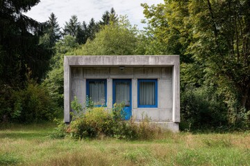 Concrete structure stands alone in a lush green landscape surrounded by trees and tall grass during a cloudy day showcasing nature's beauty