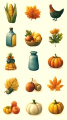 Seasonal harvest display featuring autumn leaves, pumpkins, and corn at a cozy farm setting