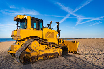 Old heavy equipment of bulldozer with sand in bucket. Bull dozer heavy machinery. Industrial heavy...