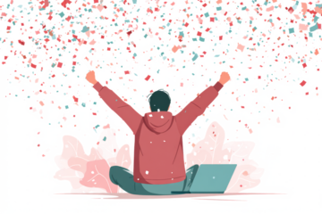A person celebrates with arms raised in the air, surrounded by falling confetti, while sitting in front of a laptop.