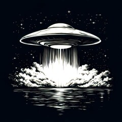 Mysterious spacecraft hovers above a tranquil ocean under a starlit sky at night - High Contrast