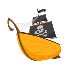 Stylized cartoon pirate ship illustration with black sails. Cute vector icon. Pirate Ship sailing on water