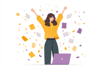 Happy woman celebrating success with arms raised and confetti falling around her, standing next to a laptop.