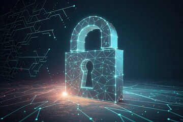 Glowing abstract digital lock representing cybersecurity and protection