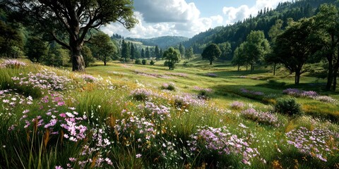 wildflower meadow under a sky with scattered clouds in a tranquil natural landscape