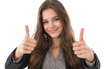 Young woman giving thumbs up with both hands, smiling, on white background.
