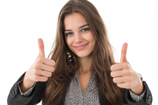 Young woman giving thumbs up with both hands, smiling, on white background.