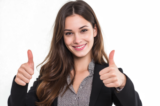A smiling young businesswoman in a black blazer gives two thumbs up against a white background. - Powered by Adobe