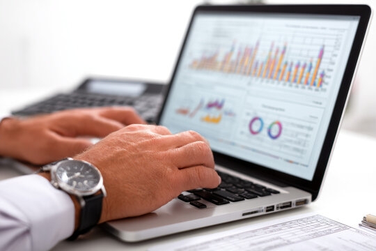 Close-up of a person's hands typing on a laptop displaying business charts and data analysis.