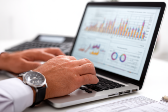 Close-up of a person's hands typing on a laptop displaying business charts and data analysis.