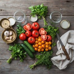 Freshly harvested vegetables and herbs laid out on a rustic wooden table with canning jars, a knife, and a scale, ready for preserving.