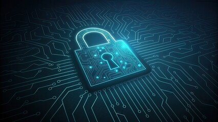 Glowing digital padlock on a dark electronic circuit board